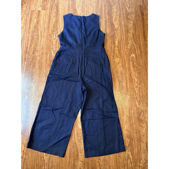 Boden Dorothea Linen Blend Cropped Wrap Jumpsuit Navy Blue Sz 12R V-Neck Button - Picture 5 of 8